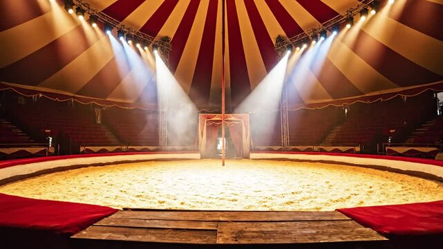 Empty circus ring illuminated by spotlights under big top.