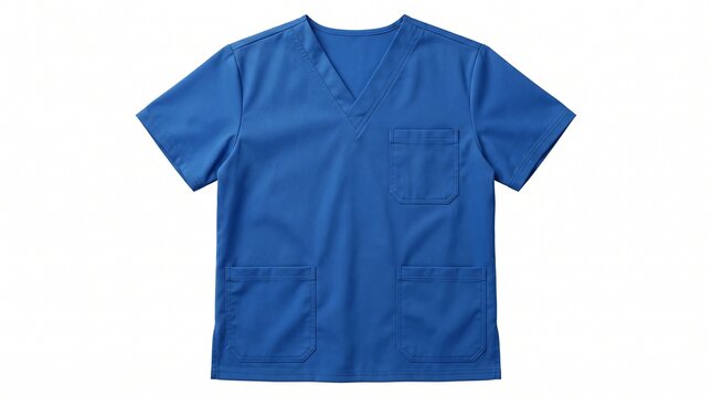 A single blue V-neck short-sleeved medical scrub top with multiple pockets, displayed on a plain white background.