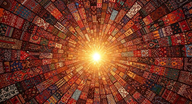 Bright sunburst light shining through a circular kaleidoscope of ethnic patterns