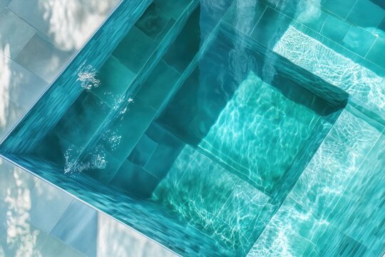 Top view of a turquoise swimming pool with clear water, steps and bright sunlight reflections on the surface