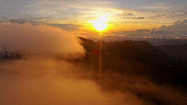 Java Island Indonesia Epic Sunrise Drone View from King kong Hills Looking Toward Mount Bromo