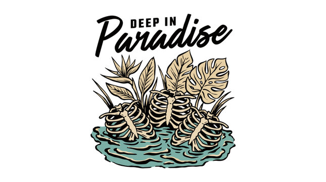 Deep in paradise. Tropical vintage design for t shirt print, poster, sticker. Skeleton rib cage in water. Exotic plants artwork.
