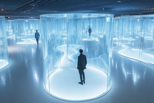 Futuristic exhibition space with glowing transparent cylinders and people walking through a blue modern maze