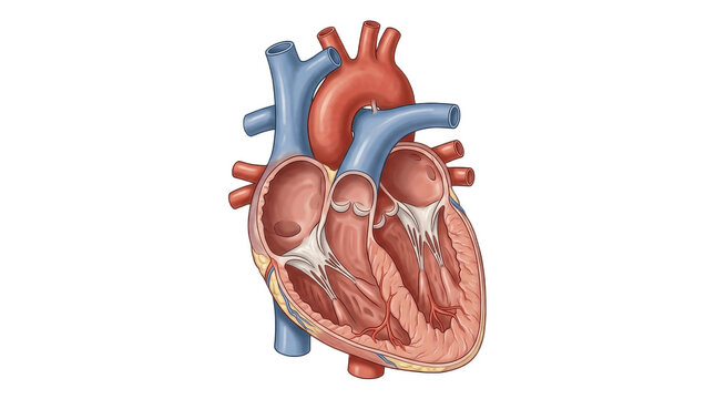 Cross section anatomical diagram of human heart revealing internal chambers, valves, vessels and muscular walls used for medical education, biology classes and healthcare training

