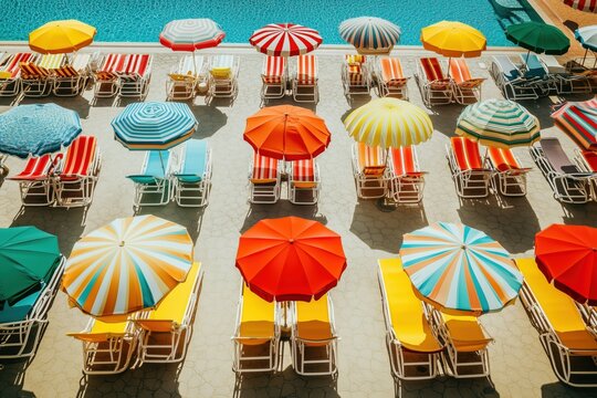 Overhead view of colorful beach umbrellas and sun loungers beside a swimming pool, creating a bright summer vacation scene