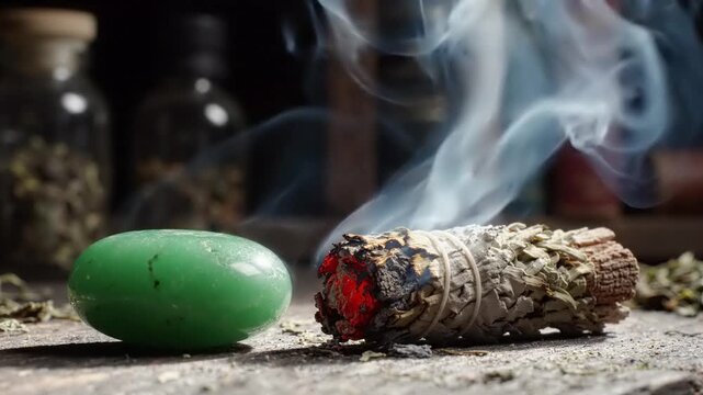 Burning Sage Smudge Stick With Green Jade Stone On Rustic Wooden Table In Dark Atmosphere