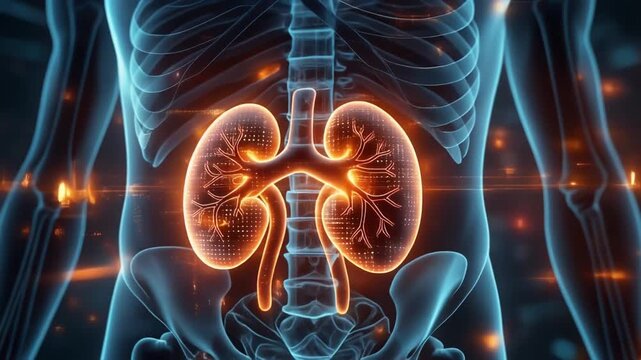 A glowing digital illustration of human kidneys inside a semi‑transparent torso, symbolizing anatomy, renal function, and the body&rsquo;s filtration and balance system.