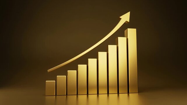 A golden bar chart with six ascending columns and an upward arrow, symbolizing financial growth, success, and positive progress in business or performance metrics.