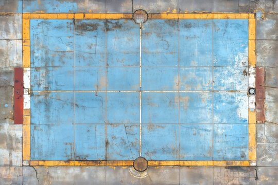 Top view of a weathered blue concrete court with yellow border and worn texture