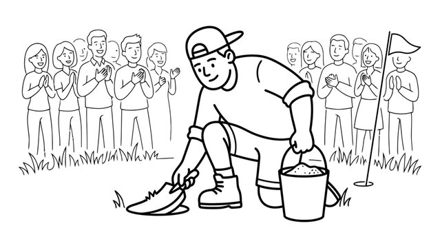 A young man in a baseball cap uses a trowel to dig into the earth while a group of people cheers and claps in the background. This clean line drawing represents themes of community involvement, new be