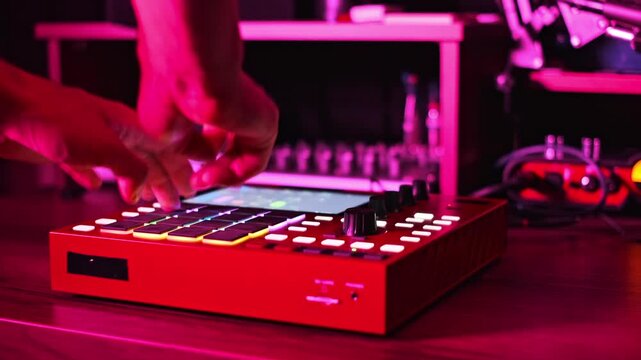 Medium shot of a musician's hand working on a red beatmaker with illuminated pads in a modern studio. The music production process is showcased with dynamic lighting.