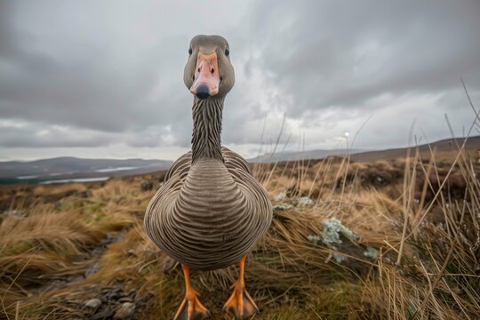 Close-up of a goose standing in wild grass under a cloudy sky in a rural landscape