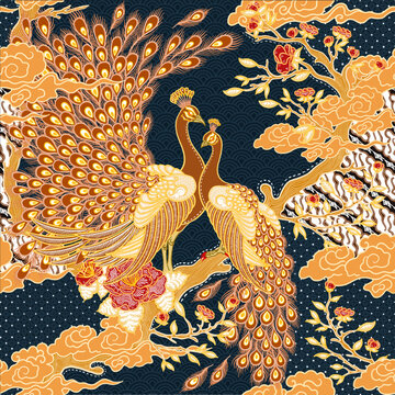 Batik Concept with Peacocks and Floral Ornaments