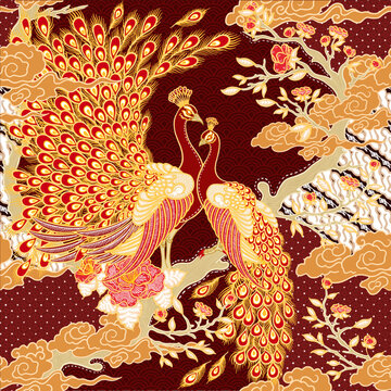 Batik Concept with Peacocks and Floral Ornaments