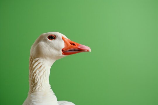 Close-up of a white goose head in profile on a green background with copy space.