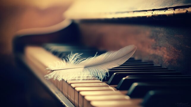 Shimmering Feather Gently Resting on Ebony Piano Keys