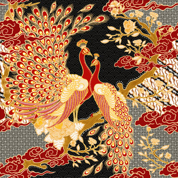 Batik Concept with Peacocks and Floral Ornaments