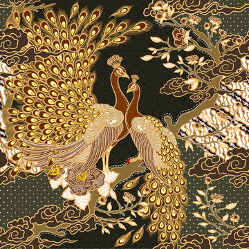 Batik Concept with Peacocks and Floral Ornaments