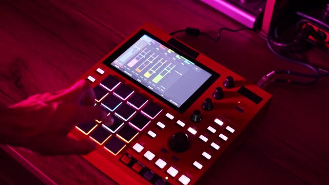Top-down perspective captures hands playing a red electronic music sampler with glowing pads. The musical pattern is visible on its screen under shifting ambient lights.