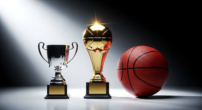 Gold basketball trophy and silver cup with a basketball on a dark background