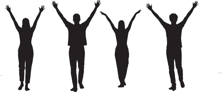 People stand with their arms raised high in a celebratory posture to express happiness, success, and collective achievement in a professional or personal setting.