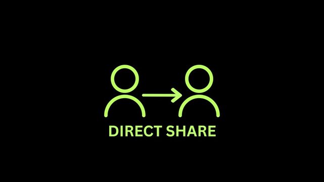Animated direct share icon with text typing out on a black background, peer to peer file transfer concept.
