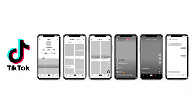 TikTok Social Media App UI Mockup Interface Template. Smartphone screens showing Creator Profile, Discover Feed, Live Stream, and Direct Message views. Mobile application design layout and logotype.