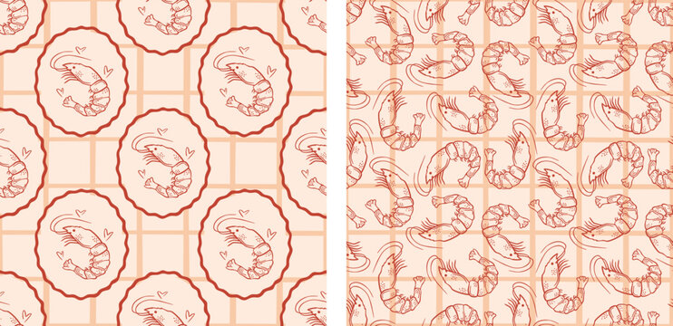 Mediterranean seamless pattern shrimps on checkered background, vector art