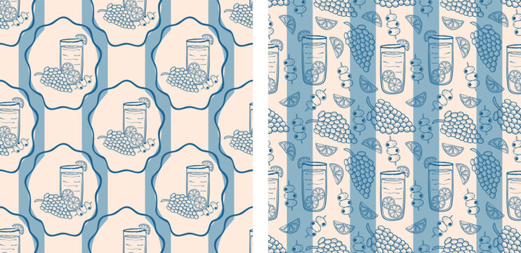 Coastal Mediterranean seamless pattern cocktail with fruits on blue striped background, vector art