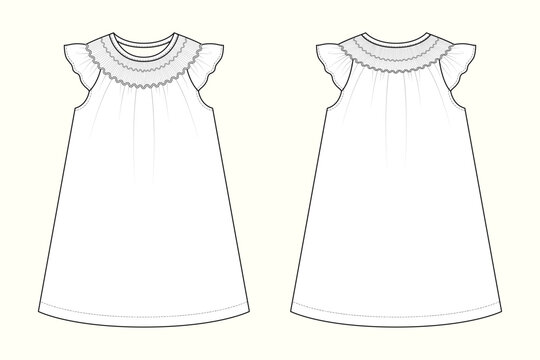 Toddler Girls Smocked Yoke A-Line Dress with Ruffled Cap Sleeves Technical Flat Sketch