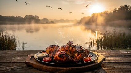 Obraz premium Golden hour autumn scene with pumpkin spice donuts and coffee.