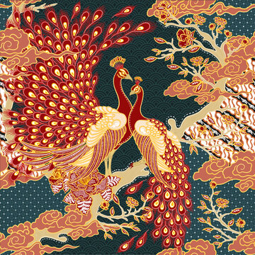 Batik Concept with Peacocks and Floral Ornaments