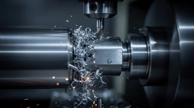 A close-up of a CNC lathe machine cutting a metal cylindrical workpiece, producing metal shavings and sparks during precision machining.