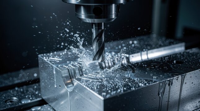 A CNC machine cutting metal with coolant spraying, highlighting precision manufacturing in an industrial setting.