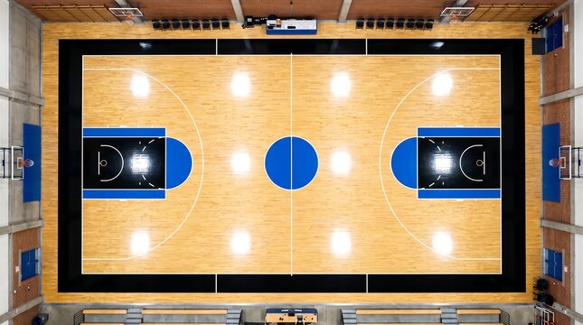 Aerial view of a professional indoor basketball court with wooden floor