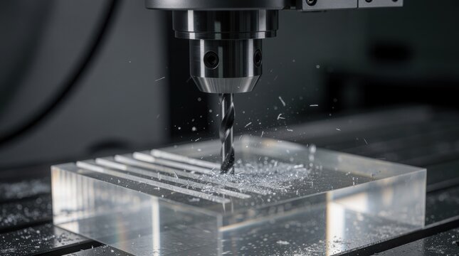 A close-up of a CNC milling machine drilling precise grooves into a clear acrylic block, producing fine plastic shavings.