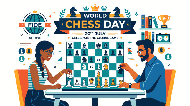 Diverse man and woman playing strategic chess match for World Chess Day flat vector illustration