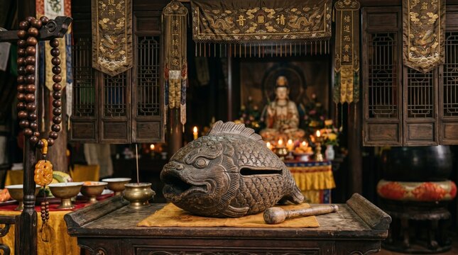 Buddhist temple interior with fish statue.