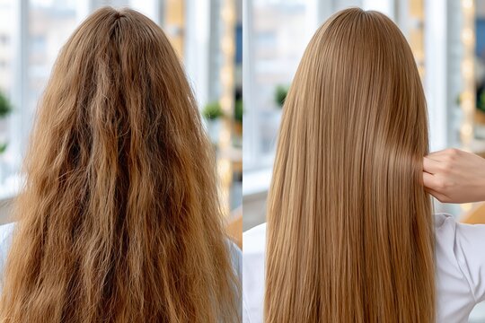 Split image showing before and after of damaged frizzy hair transformed into smooth, straight, healthy blonde hair.
