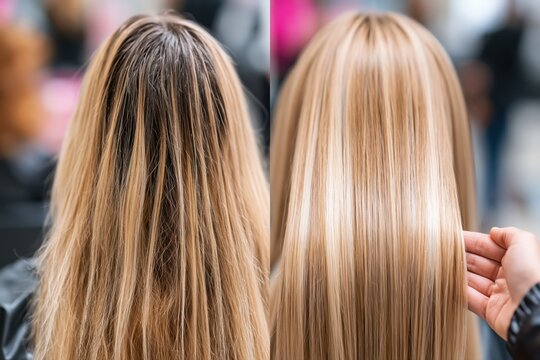 Split image showing before and after hair coloring transformation, highlighting vibrant blonde highlights and healthy shine.