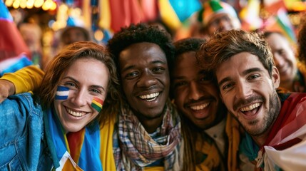 Fototapeta premium Diverse international football fans together, flags from different nations, friendship and unity through sport
