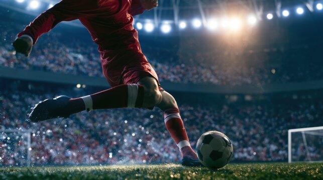 Soccer player in red strikes ball with power, aiming for goal in brightly lit stadium filled with spectators