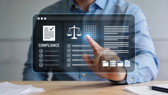 Business compliance and legal regulation concept with checklist, scales of justice, and documents. Corporate governance, audit process, and regulatory adherence on digital screen