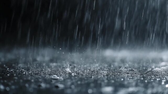 Heavy rainfall and stormwater runoff on city street. Water splashing on dark asphalt with reflective sheen. Monochrome blue tone for dramatic weather effects.