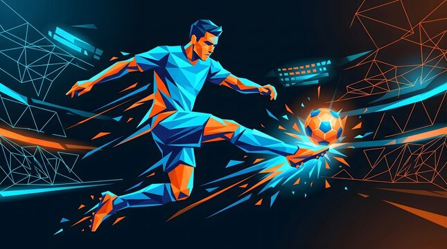 Low Poly Soccer Player Shooting Ball Geometric Vector Esports Illustration