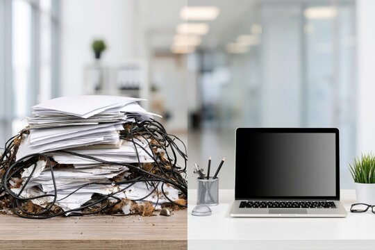 Before and after comparison of a messy pile of papers and wires versus a clean, organized modern desk with a laptop.