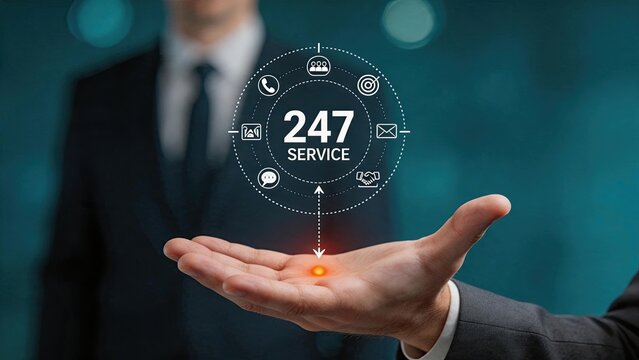 Businessman holding hand with 24/7 service hologram, customer support concept, digital communication icons, professional assistance available anytime, modern technology solution