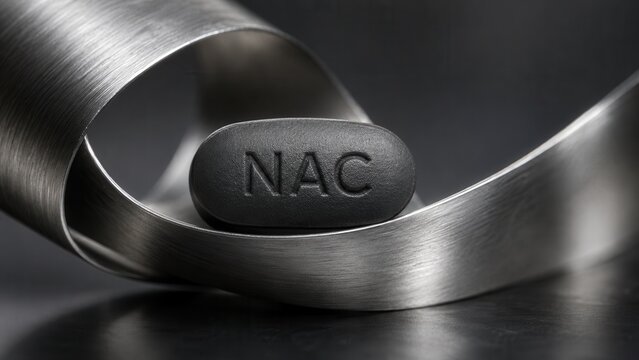 Black NAC supplement placed on metallic ribbon showing focus on health and wellness with clear details about the product