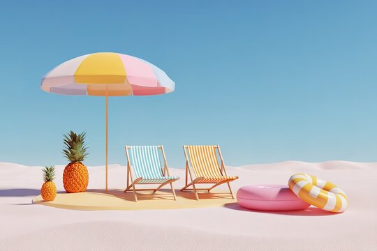 Minimalist summer beach scene with deck chairs and umbrella