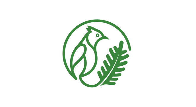 Green bird and fern leaf circular logo design.